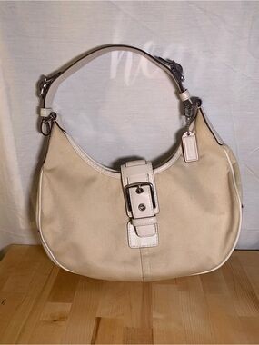 Coach Hampton Soho Ivory Canvas White Leather Bag with Buckle